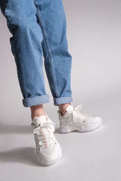 Marjin Γυναικεία αθλητικά παπούτσια με κορδόνια με ψηλή διάφανη σόλα Ojis λευκά