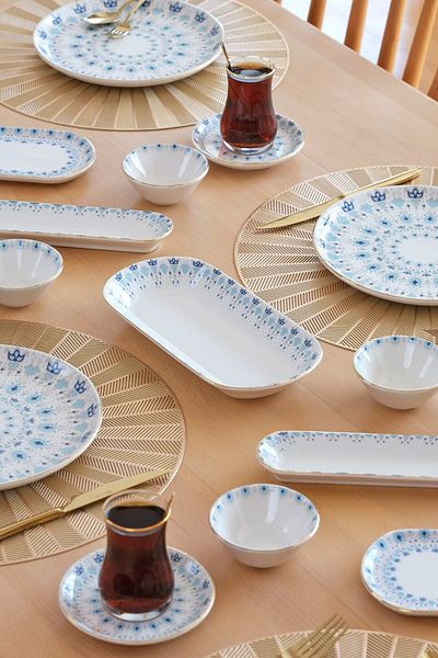 Glore Asya Ice Blue - 41-Piece Ceramic Breakfast Set for 6 People, Gold Gilt