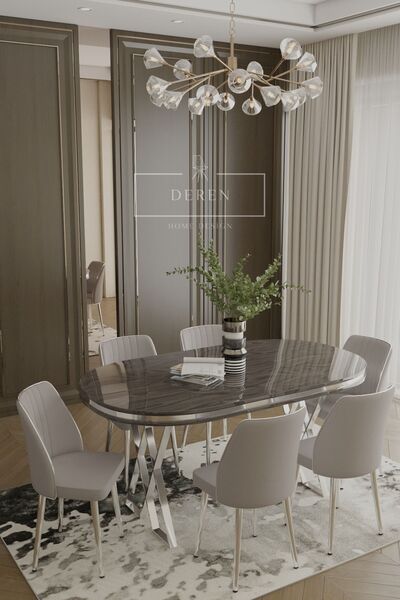 DEREN HOME Nex Serisi Mdf Lak Masa 90x168 Gümüş Metal Ayak 6 Adet Açıkgri Baby Face Silinebilir Kumaş Sandalye