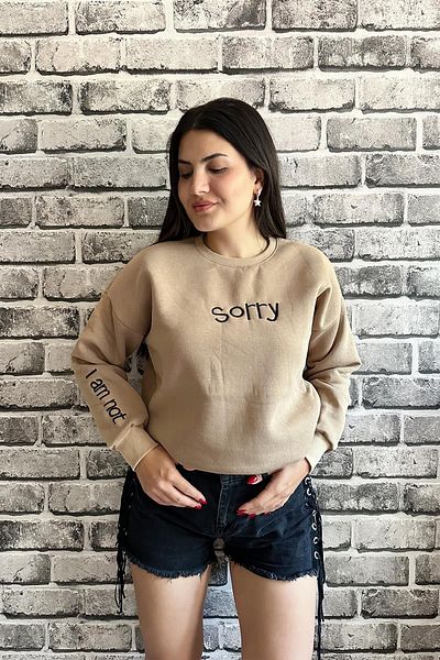 İpli Μπεζ φούτερ Unisex - 3 κλωστές, Sorry Printed