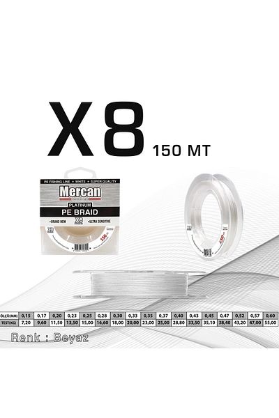 MERCAN MİSİNA Mercan Platinum Pe 8x Linie de pescuit cu mulinetă albă 150 M