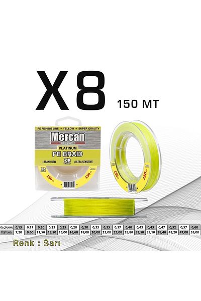 MERCAN MİSİNA Mercan Platinum Pe 8x Linie de pescuit cu mulinetă galbenă 150 M