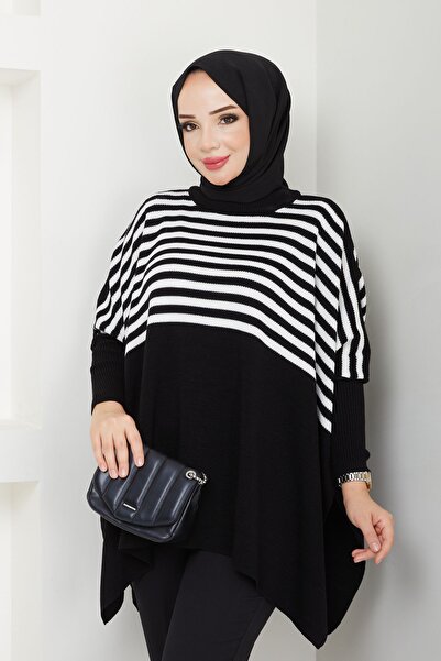 LE CARAMBOLE Black Ecru Striped Oversize Hijab Sweater - Women