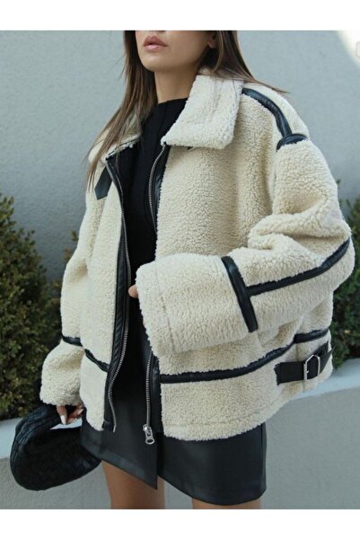 HİJABAYA Deri Biyeli Peluş Mont