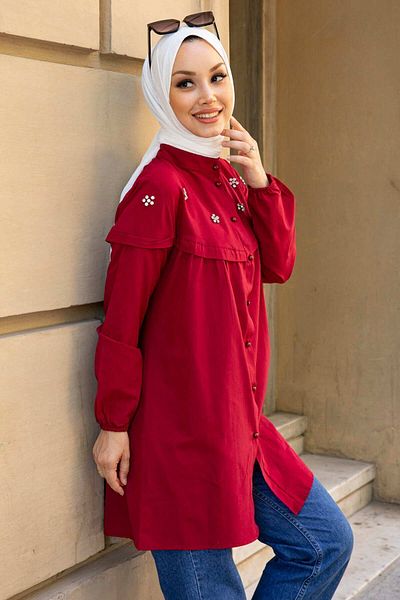 TOFİSA Weinrote Tunika mit geradem Richterkragen für Damen - 10766