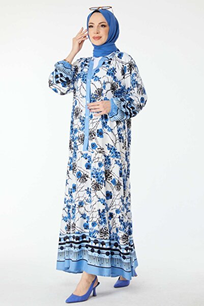 TOFİSA Blaues gemustertes zweireihiges Damenkleid mit V-Ausschnitt - 24451