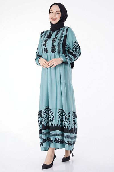 TOFİSA Plain Crew Neck Women's Green Patterned Dress - 25101