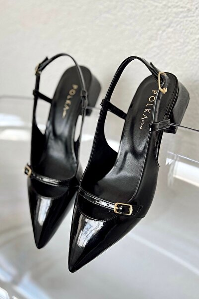 POLKA STORE Simple Pointed Toe Single Strap Buckle Patent Leather Block Heeled Women's Shoes