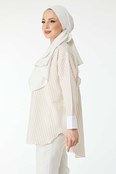 TOFİSA Beige Striped Long Sleeve Shirt Collar Women's Tunic - 24515