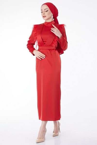 TOFİSA Straight Chief Collar Women's Red Tassel Detailed Evening Dress - 24899