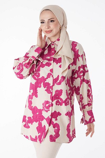 TOFİSA Flat Shirt Collar Women's Fuchsia Patterned Shirt - 25258