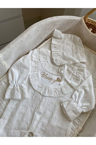 VolleM İsimli Yenidoğan Hastane Çıkışı Nakışlı Dantelli Fistolu Bonet Tulum 2'li