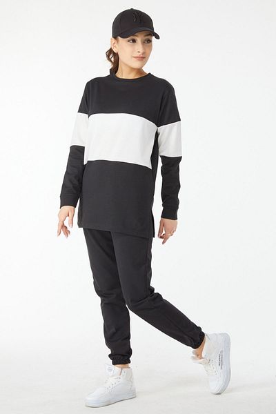 TOFİSA Black Long Sleeve Garnished Tracksuit Set - Plain Crew Neck - 13125