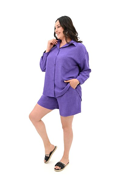 Koza Butik Kadın Büyük Beden Şortlu Keten Takım 8121-25