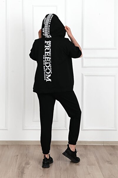 Koza Butik Γυναικεία φόρμα με κοντό μανίκι με κουκούλα μεγάλου μεγέθους 3705-23