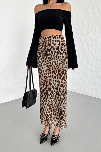 Babushka Leopar Desen Midi Boy Tül Etek
