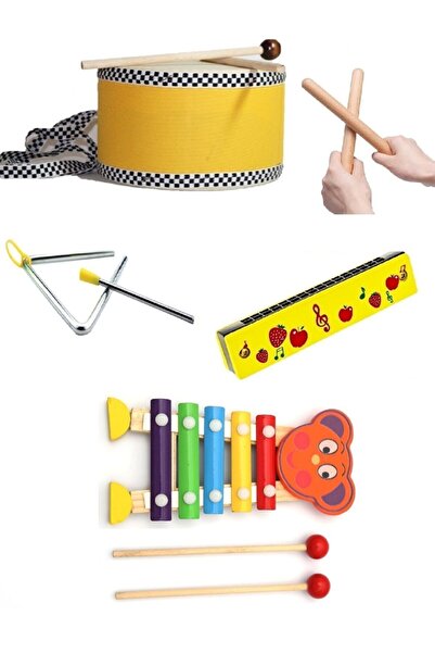 AyasEğiticiOyuncak Ahşap Askılı Çocuk Davulu ( Deri) - Ksilefon -ahşap Mızıka -üçgen Zil -ahşap Ritim Çubuğu Müzik Seti