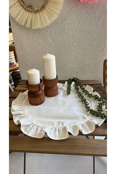 Decamor home 60X60 Ecru Linen Round Frilly Decorative Cover - Stain Resistant