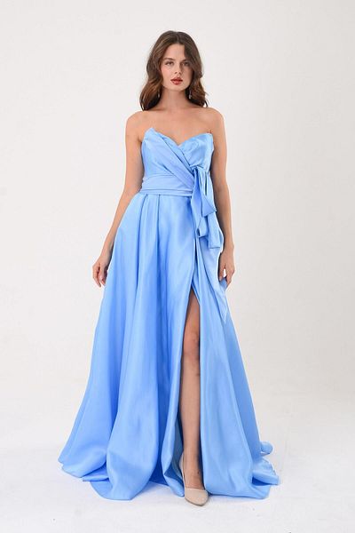 SpringStore Rochie de seară albastră din satin fără bretele - Detaliu fundă