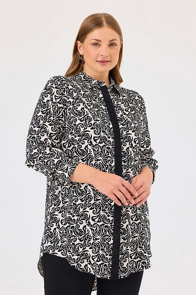 Gala-Xi Galaxi 4001 Black Patterned Tunic - Shirt Collar, Large Size