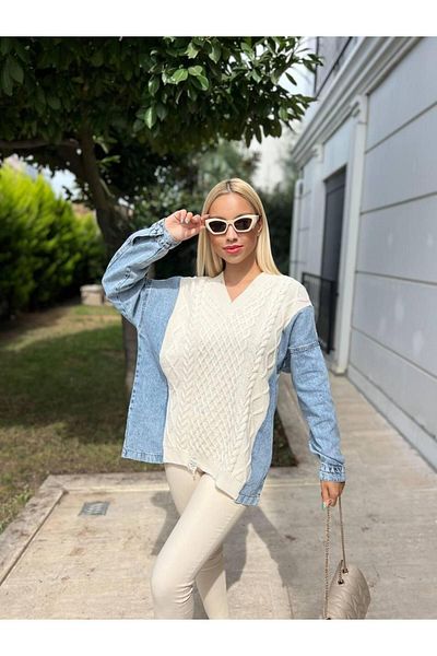 For Angels Pulover împletit din denim cu mâneci