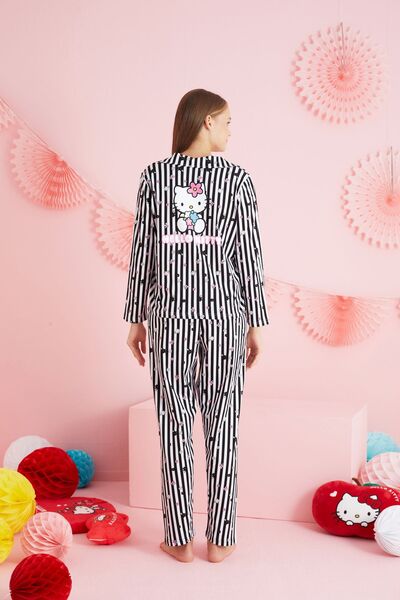 Siyah İnci Hello Kitty με άδεια χρήσης 100% βαμβακερό μπλε λευκό κουμπιά πιτζάμες HK256