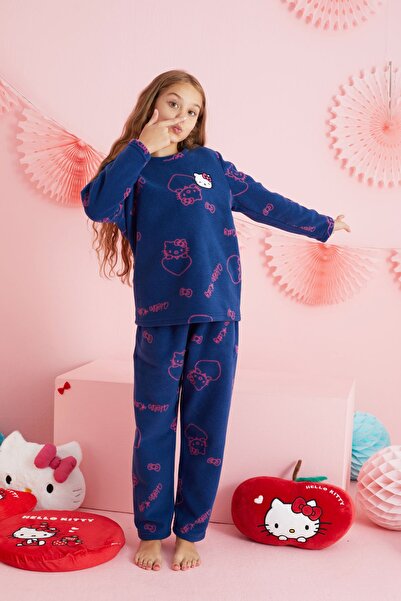 Siyah İnci Hello Kitty Lisanslı Polar Lacivert Çok Renkli Nakışlı Bisklet Yaka Pijama Takım HK331