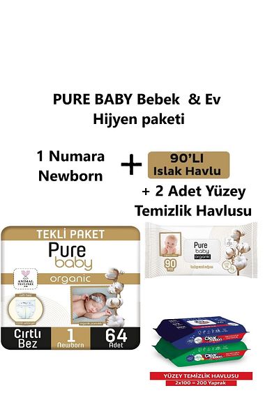 Pure Baby 2-5 kg 64 Pieces of 90 Wet Wipes - Newborn Cleaning Protein