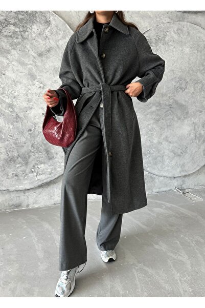 Laluvia Anthracite Winter - Belted and Back Slit Coat 54492