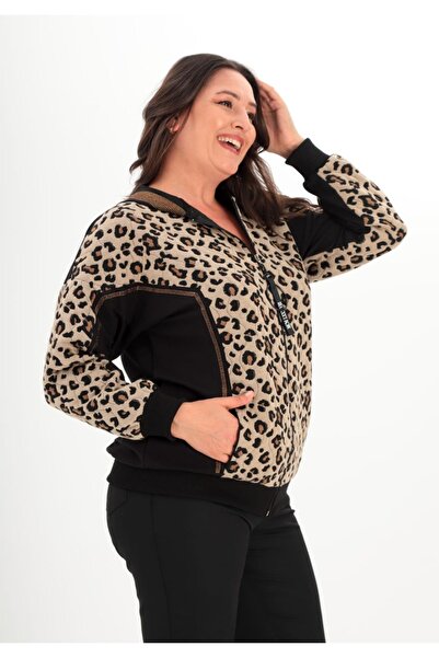 PARKDERİN Large Size Hooded Sweat Coat with Leopard Pattern and Stone Detail