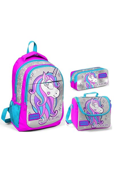 Yaygan Coral High Pink Gray Unicorn Girls Primary School Bag Set - Backpack+lunch+pencil case