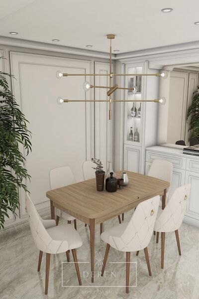 DEREN HOME Fier Serisi Mutfak ve Salon Yemek Masası Takımı + 6 Adet Krem Sand...