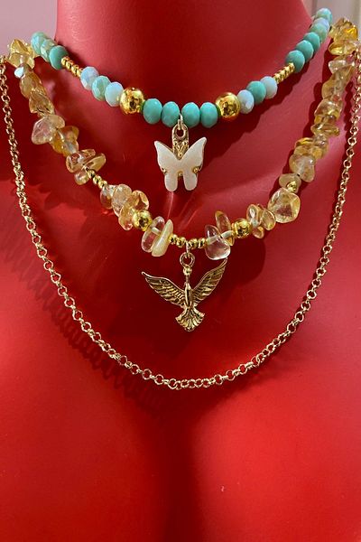 Bourgogne2021 Stainless Triple Natural Stone Necklace Set for Women