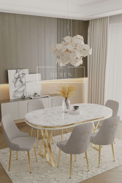 DEREN HOME Nil Serisi Lak Panel Mdf Beyaz Mermer Desen Masa 90x168 Gold Ayak ...