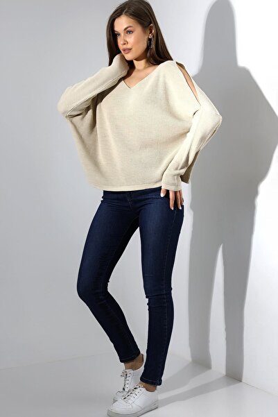 Devinka Γυναικεία πλεκτή μπλούζα με πέτρινο μανίκι με λεπτομέρεια Oversize V λαιμόκοψη