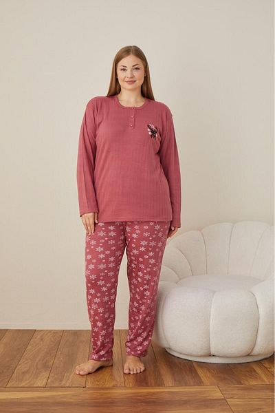 Temporium Plus Size Embroidered Women's Pajamas Set - Long Sleeve Buttoned Collar