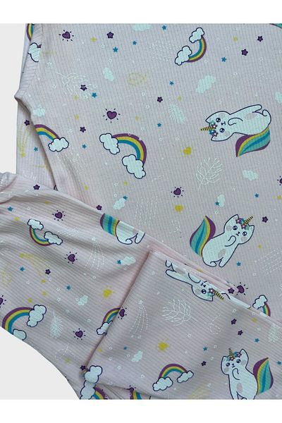 elmas kids Girl's Cotton Corded Fabric Pink Rainbow Cat Print Long Sleeve Seasonal Pajamas Set