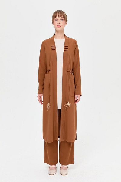 Esswaap Tan Colored Crepe Fabric Triple Piping Detailed Set