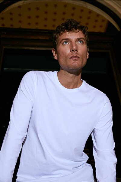 White and Simple Erkek 100% Organik Pamuk Yuvarlak O Yaka Uzun Kollu Beyaz Basic T-shirt