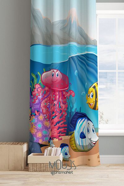 Moud's Sea Animals Patterned Suede Background Curtain - Children's and Baby's Room, Extra String - Single Wing
