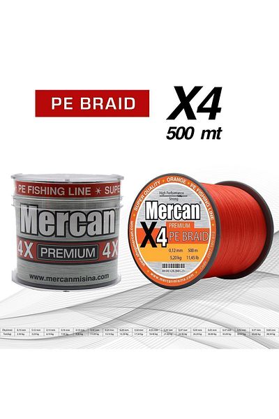 Mercan Premium X4 Pe Braid - Orange Color Rope 500m Coil Line