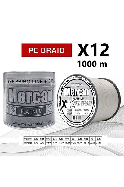 Mercan Pe Knitted Platinum X12 White Rope 1000m Reel Fishing Line