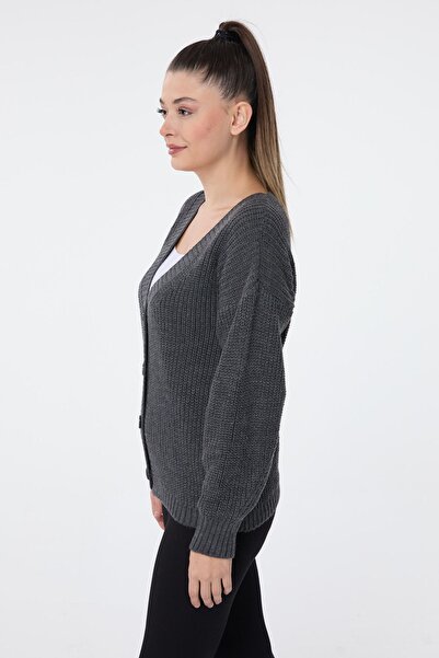 TOFİSA Jednořadý dvouřadý dámský pletený kardigan v antracitové barvě - 23705