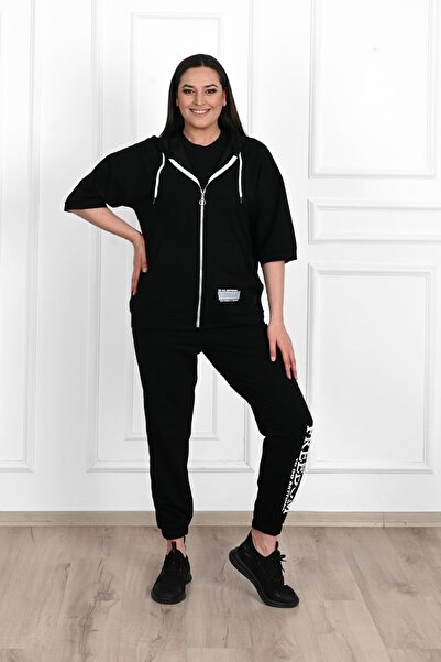 Koza Butik Γυναικεία φόρμα με κοντό μανίκι με κουκούλα μεγάλου μεγέθους 3705-23