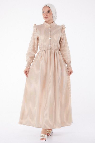 TOFİSA Mink StripeD Women's Dress - Straight JuDge Collar, Gipeli - 25998