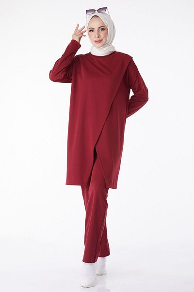 TOFİSA Weinrotes Damen-Sport-Doppelset aus Tunika und Hose – Rundhalsausschnitt – 13154