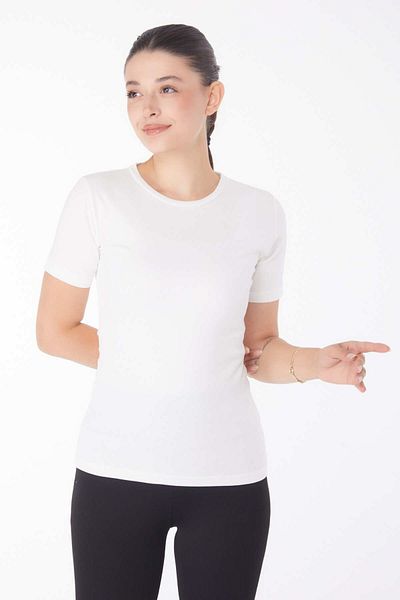 TOFİSA Ecru Women's T-shirt - Plain Crew Neck, Short Sleeve - 25768