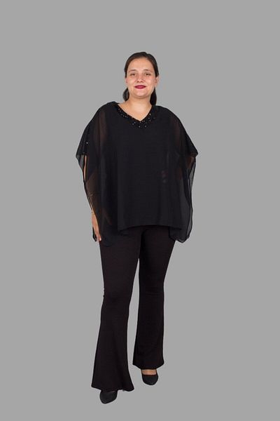Truva XXL Black Sequin Tulle Cloak Blouse - Plus Size