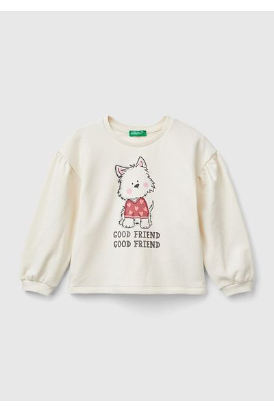 United Colors of Benetton Kız Çocuk Ekru Arkası Logo Detaylı Önü Baskılı Balon Kol Sweatshirt