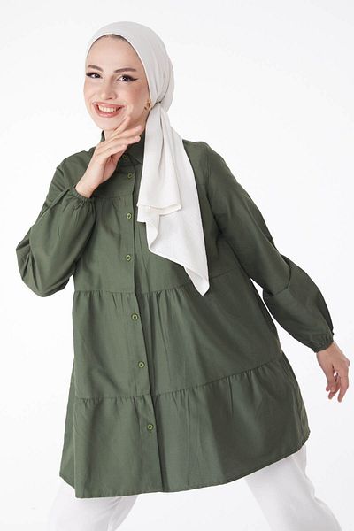 TOFİSA Khaki Colored Women's Tunic - Plain Shirt Collar, Drawstring - 13177